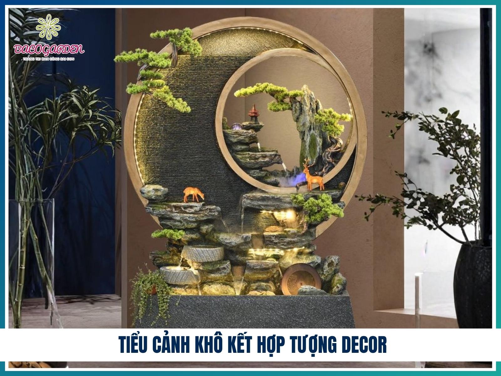 Tiểu cảnh khô kết hợp tượng decor