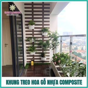Phối khung treo hoa với chậu hoa composite ban công