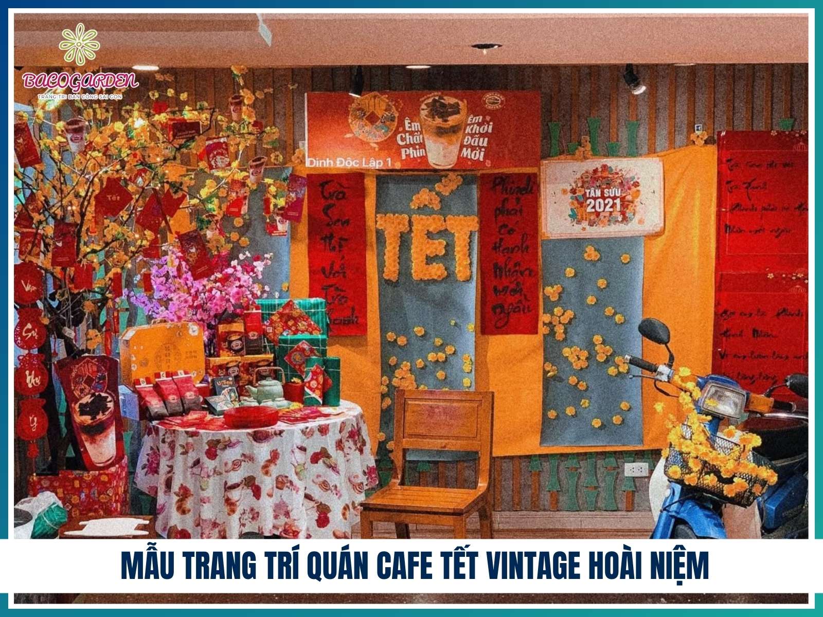 Mẫu trang trí quán cafe Tết vintage hoài niệm